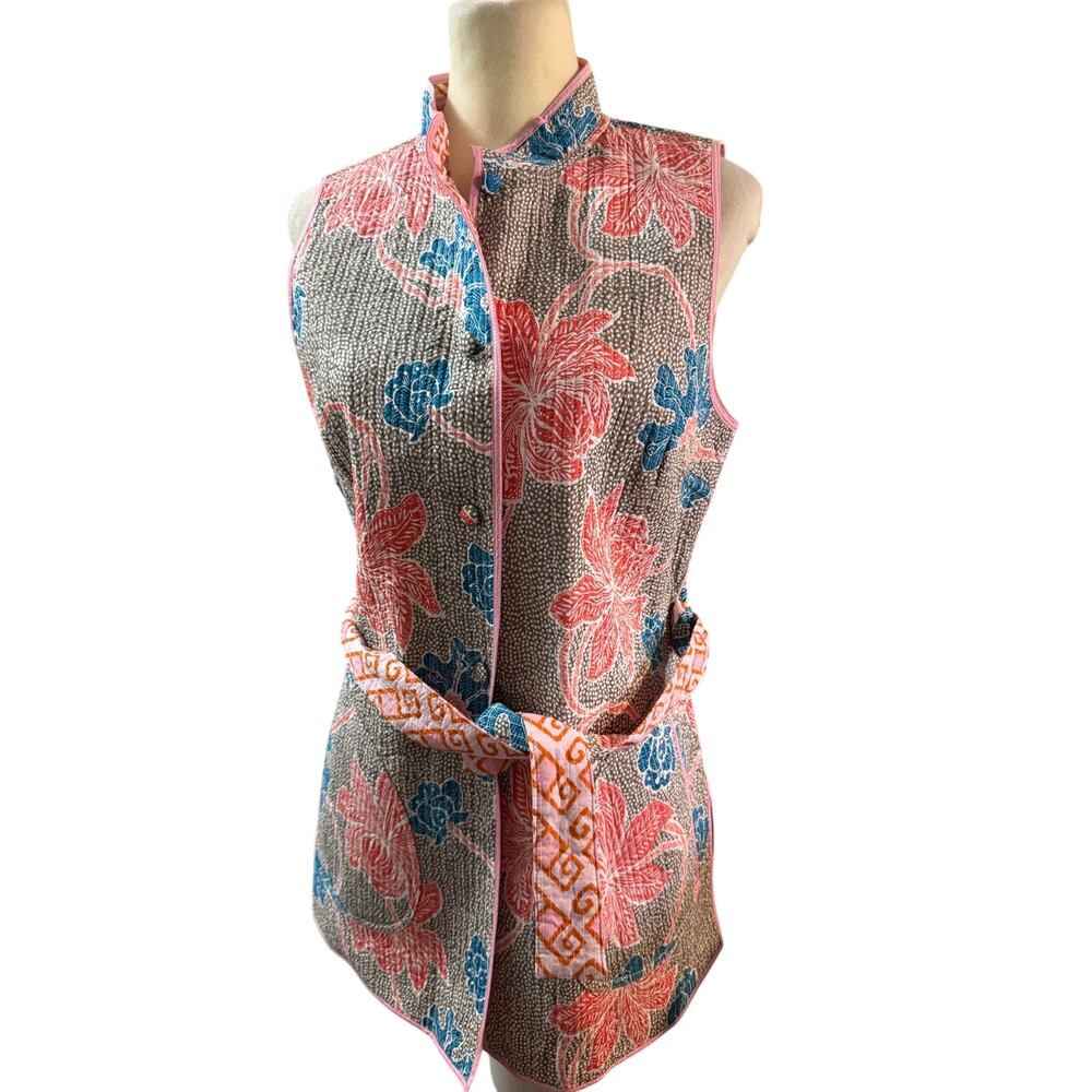 Reversible Quilted Longline Belted Vest, Floral Geometric Boho Cottage, Medium